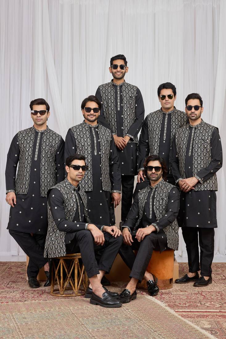 Black art silk 3 peice  kurta jacket set for men