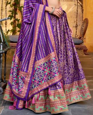 PURPLE Elegant Tasar Silk Lehenga Set with Iconic Sparkle & Lace Border   Blouse & Tassel Dupatta 3