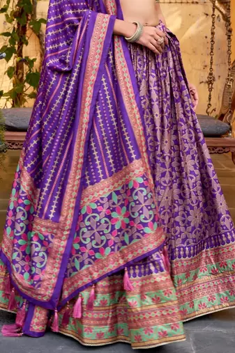 PURPLE Elegant Tasar Silk Lehenga Set with Iconic Sparkle & Lace Border     Blouse & Tassel Dupatta