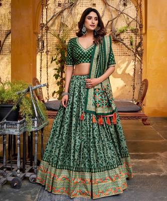 GREEN Elegant Tasar Silk Lehenga Set with Iconic Sparkle & Lace Border   Blouse & Tassel Dupatta 1