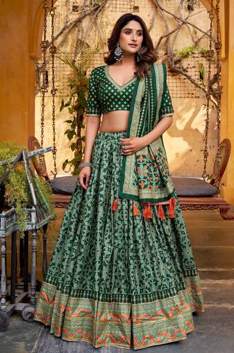 GREEN  Tasar Silk Lehenga Set with Iconic Sparkle & Lace Border     Blouse & Tassel Dupatta