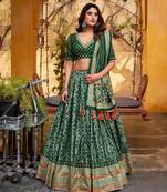 GREEN Elegant Tasar Silk Lehenga Set with Iconic Sparkle & Lace Border     Blouse & Tassel Dupatta