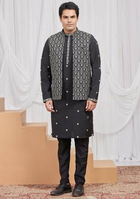 Black art silk 3 peice  kurta jacket set for men 3