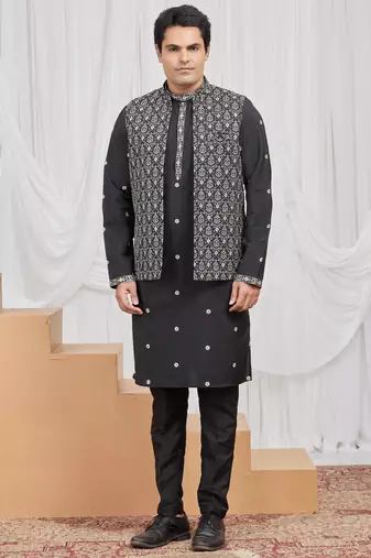 Black art silk 3 peice  kurta jacket set for men
