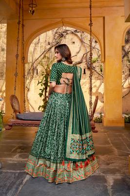 GREEN Elegant Tasar Silk Lehenga Set with Iconic Sparkle & Lace Border   Blouse & Tassel Dupatta 2