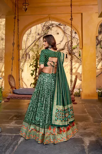 GREEN Elegant Tasar Silk Lehenga Set with Iconic Sparkle & Lace Border     Blouse & Tassel Dupatta