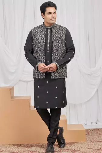 Black art silk 3 peice  kurta jacket set for men