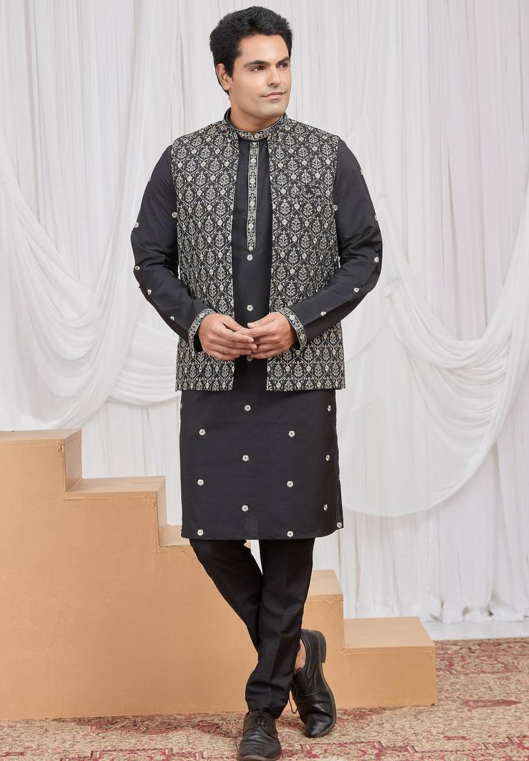Black art silk 3 peice  kurta jacket set for men