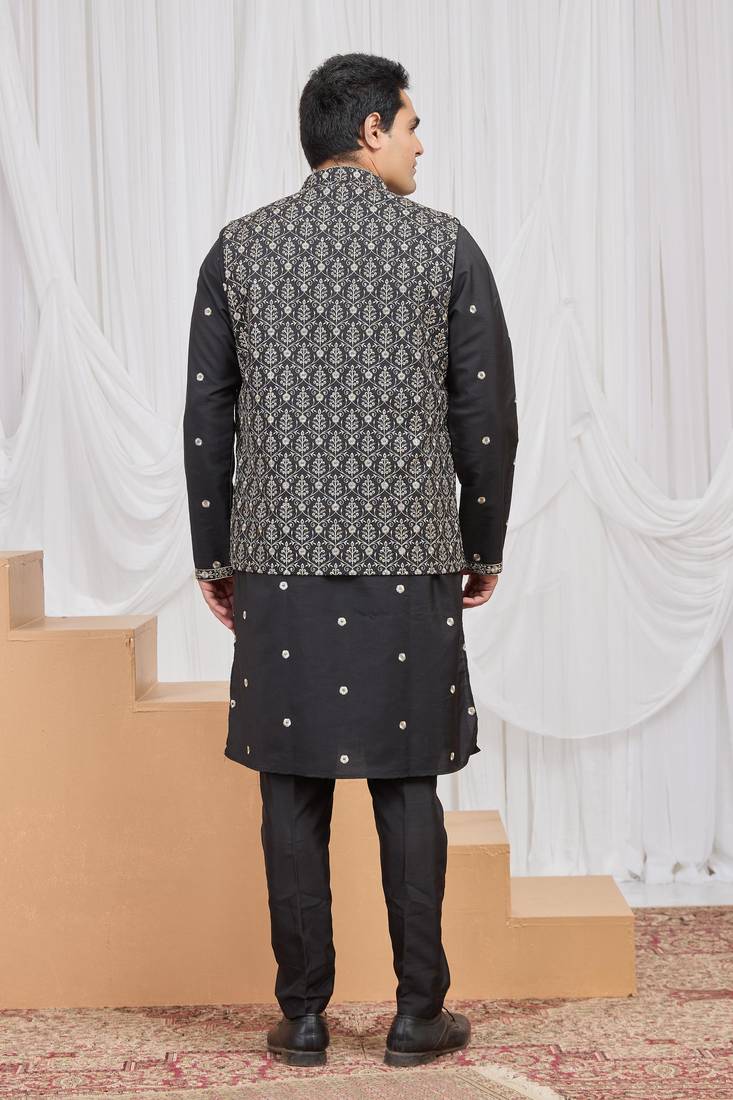 Black art silk 3 peice  kurta jacket set for men