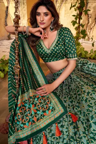 GREEN Elegant Tasar Silk Lehenga Set with Iconic Sparkle & Lace Border     Blouse & Tassel Dupatta