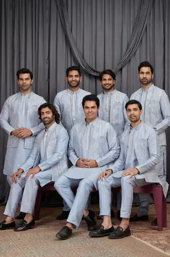 Blue art silk 3 peice  kurta jacket set for men