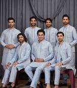 Blue art silk 3 peice  kurta jacket set for men