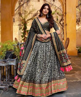BLACK Elegant Tasar Silk Lehenga Set with Iconic Sparkle & Lace Border     Blouse & Tassel Dupatta 1