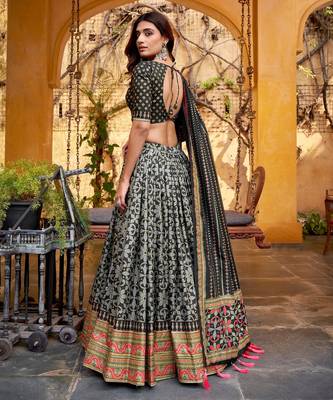 BLACK Elegant Tasar Silk Lehenga Set with Iconic Sparkle & Lace Border     Blouse & Tassel Dupatta 2