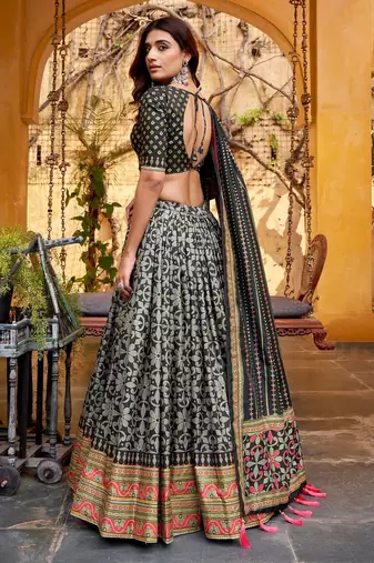 BLACK Elegant Tasar Silk Lehenga Set with Iconic Sparkle & Lace Border     Blouse & Tassel Dupatta