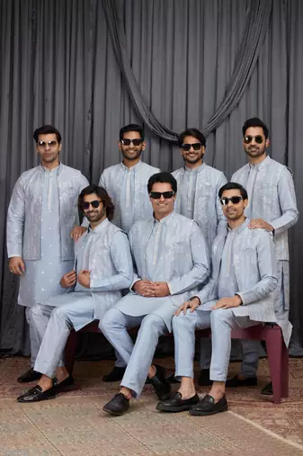 Blue art silk 3 peice  kurta jacket set for men