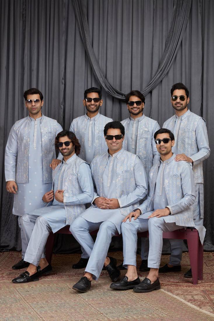 Blue art silk 3 peice  kurta jacket set for men