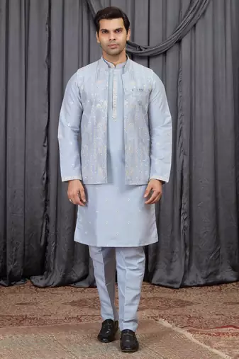 Blue art silk 3 peice  kurta jacket set for men