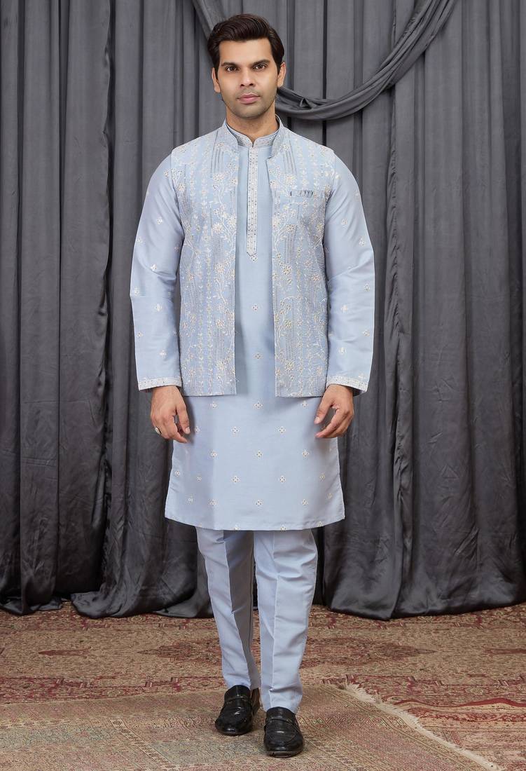 Blue art silk 3 peice  kurta jacket set for men