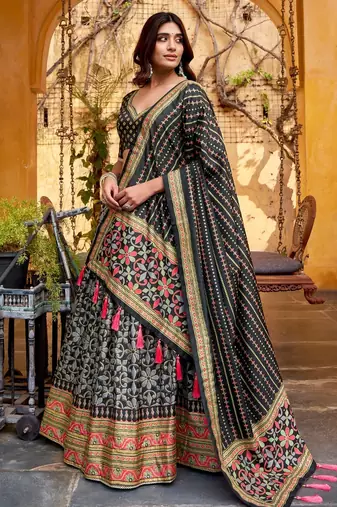 BLACK Elegant Tasar Silk Lehenga Set with Iconic Sparkle & Lace Border     Blouse & Tassel Dupatta