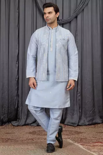 Blue art silk 3 peice  kurta jacket set for men