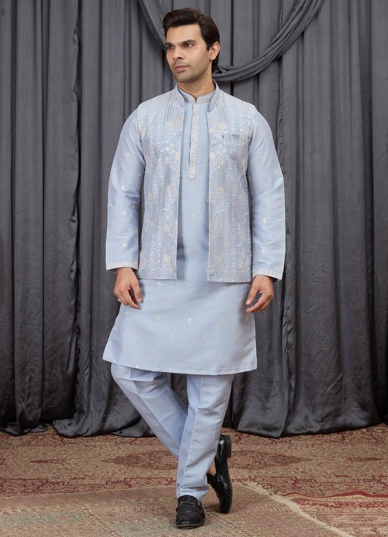 Blue art silk 3 peice  kurta jacket set for men