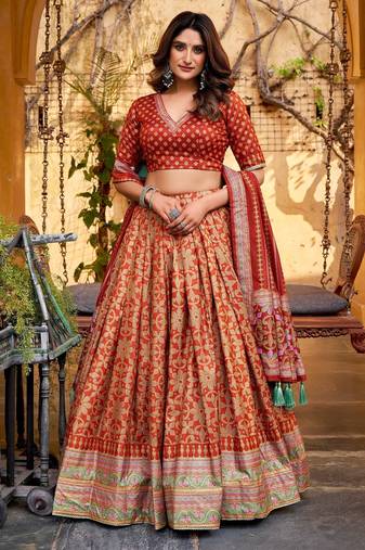 ORANGE Elegant Tasar Silk Lehenga Set with Iconic Sparkle & Lace Border – Blouse & Tassel Dupatta