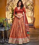 ORANGE Elegant Tasar Silk Lehenga Set with Iconic Sparkle & Lace Border     Blouse & Tassel Dupatta
