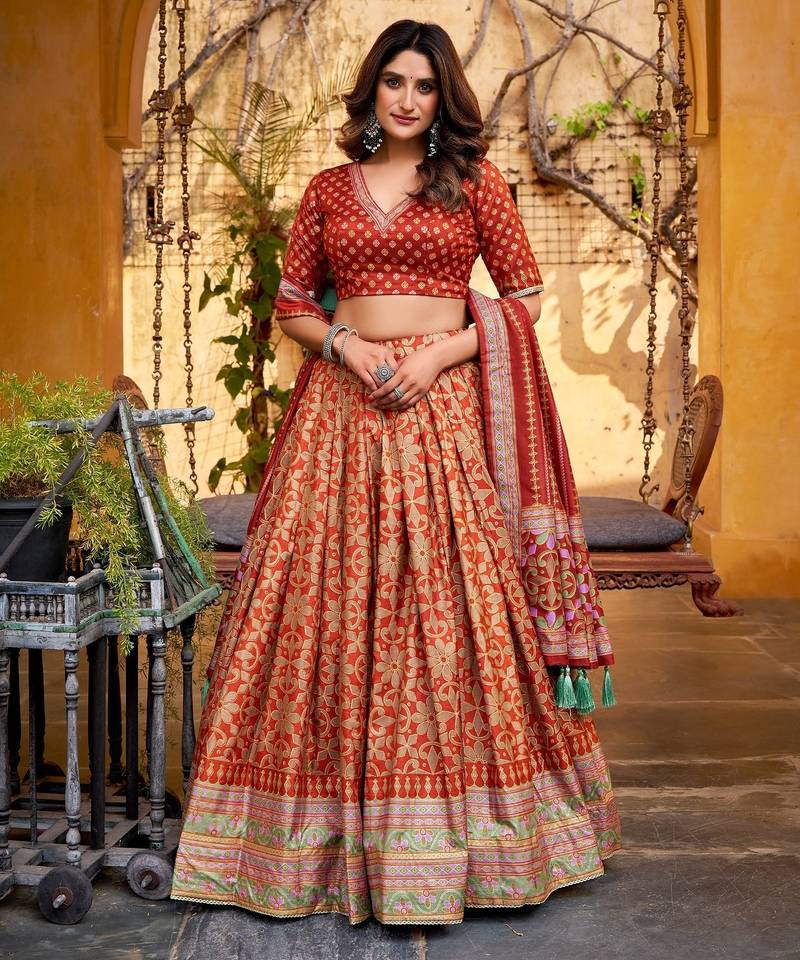 ORANGE  Tasar Silk Lehenga Set with Iconic Sparkle & Lace Border     Blouse & Tassel Dupatta