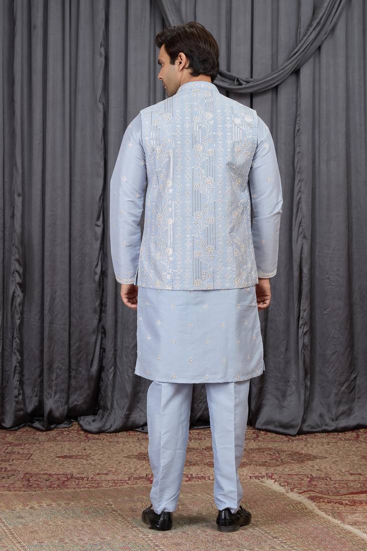 Blue art silk 3 peice  kurta jacket set for men