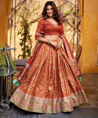 ORANGE Elegant Tasar Silk Lehenga Set with Iconic Sparkle & Lace Border   Blouse & Tassel Dupatta 2