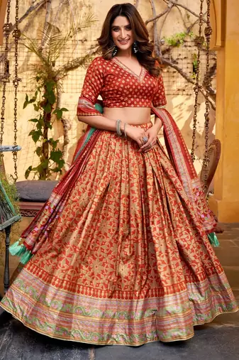 ORANGE Elegant Tasar Silk Lehenga Set with Iconic Sparkle & Lace Border   Blouse & Tassel Dupatta
