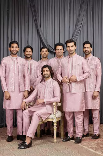 Pink art silk 3 peice  kurta jacket set for men