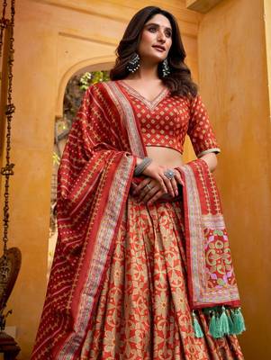 ORANGE Elegant Tasar Silk Lehenga Set with Iconic Sparkle & Lace Border   Blouse & Tassel Dupatta 3