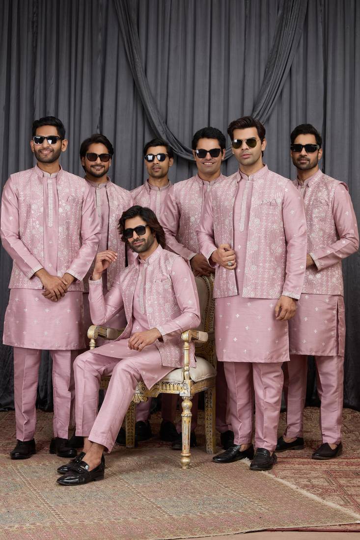 Pink art silk 3 peice  kurta jacket set for men