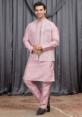 Pink art silk 3 peice  kurta jacket set for men 3