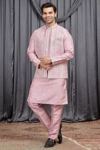 Pink art silk 3 peice  kurta jacket set for men
