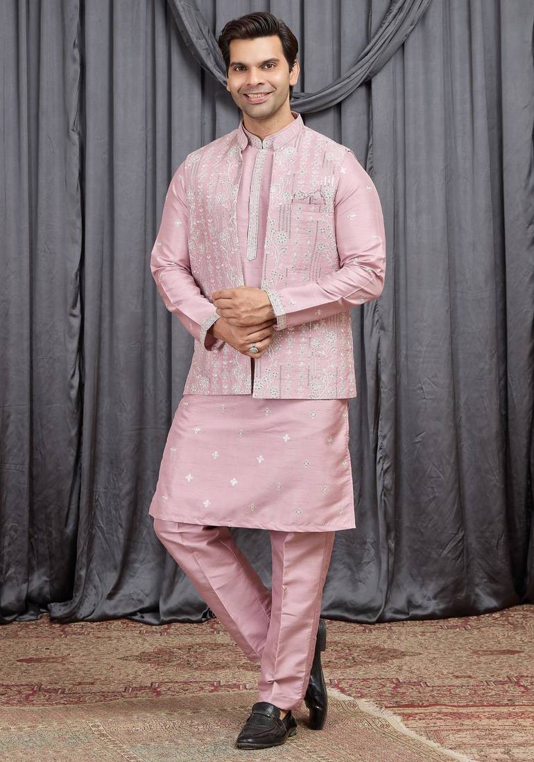 Pink art silk 3 peice  kurta jacket set for men