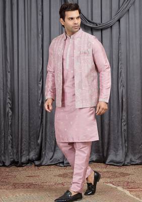 Pink art silk 3 peice  kurta jacket set for men 4