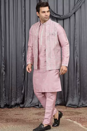 Pink art silk 3 peice  kurta jacket set for men