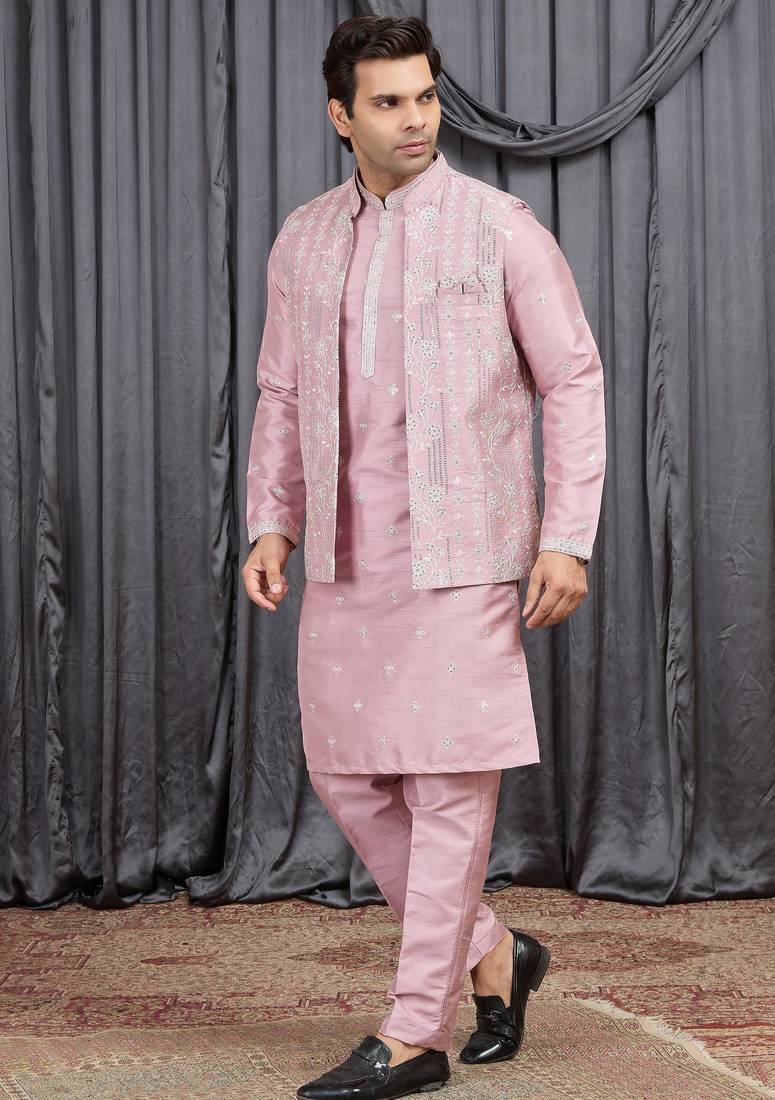 Pink art silk 3 peice  kurta jacket set for men
