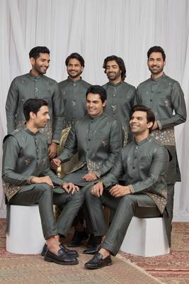 Green  art silk 3 peice  kurta jacket set for men 1