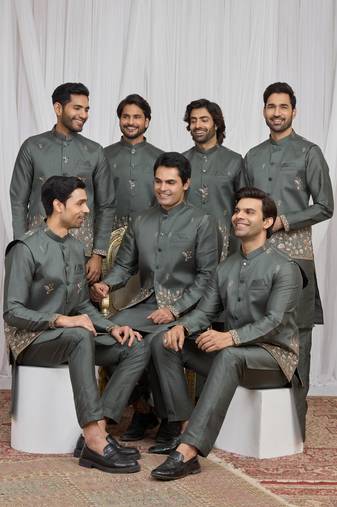 Green  art silk 3 peice  kurta jacket set for men