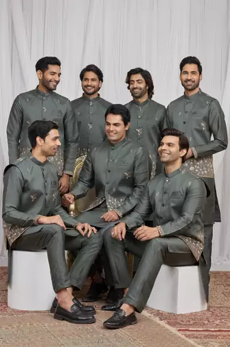 Green  art silk 3 peice  kurta jacket set for men