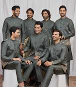 Green  art silk 3 peice  kurta jacket set for men