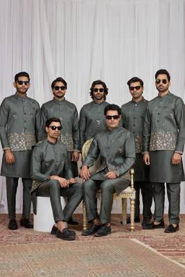 Green  art silk 3 peice  kurta jacket set for men 2