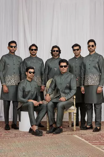 Green  art silk 3 peice  kurta jacket set for men