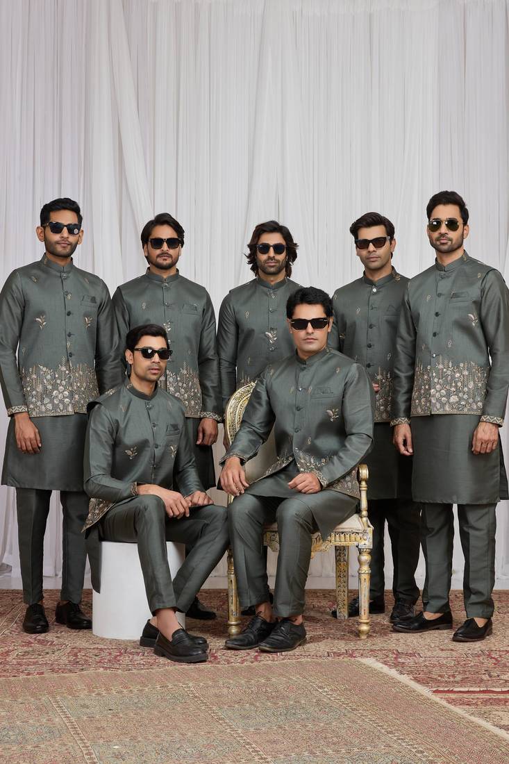 Green  art silk 3 peice  kurta jacket set for men