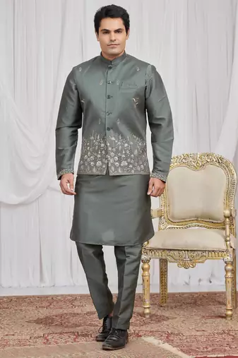 Green  art silk 3 peice  kurta jacket set for men