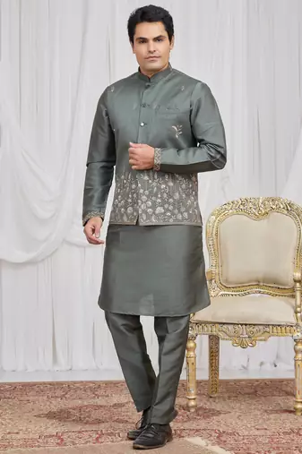 Green  art silk 3 peice  kurta jacket set for men